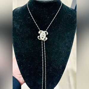 Vintage Rhinestone Scroll Lariat Necklace | Silver Tone Estate Style